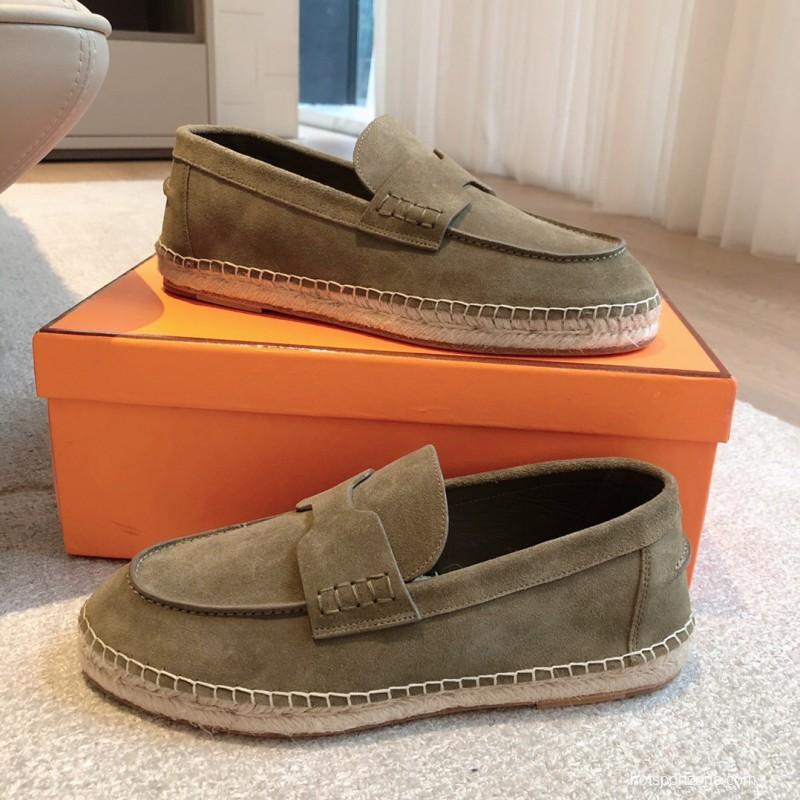 2025 Unisex Hermès Olive Suede Calfskin Loafers AS00380