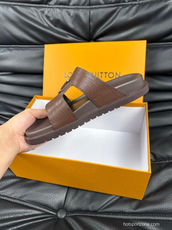 2025 Men Louis Vuitton Brown Leather Slippers AS00170