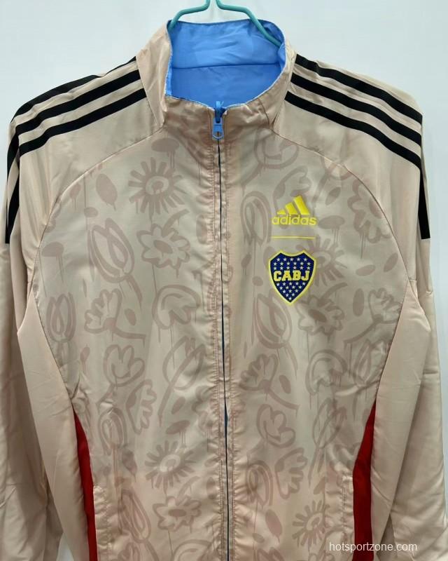 25/26 Boca Juniors Light Blue/Beige with Floral Pattern Reversible Windbreaker