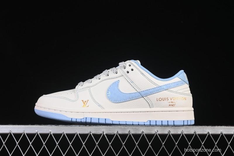 Nike SB Dunk Low LV Collaboration Off-White Ice Blue Gold Label Anniversary High-End Custom Low-Top Casual Skate Shoes - JP1628-005