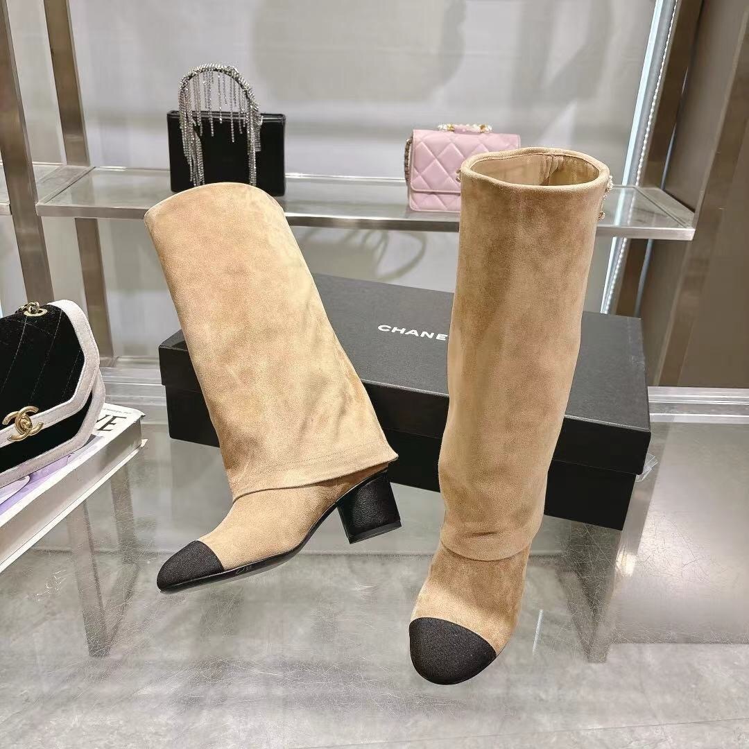 Chanel 2025/SS Small Fragrance Autumn Winter Runway Turned-Cuff Block Heel Straight Tube Boots Classic Color Block - LY00510