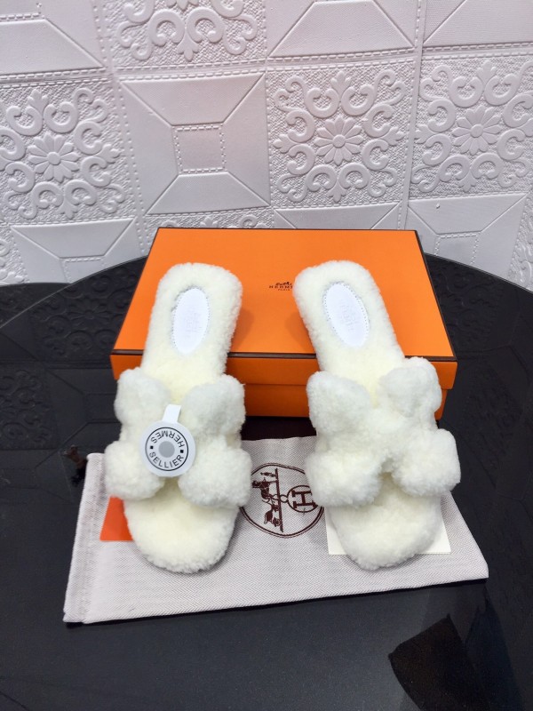 H Teddy Wool H Slippers Flat Sole Fur Slides - LY00240