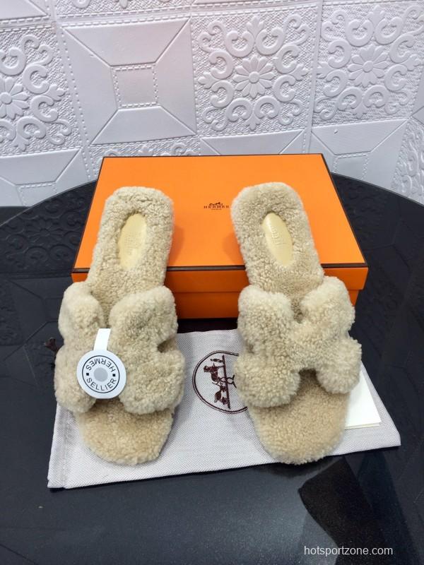 H Teddy Wool H Slippers Flat Sole Winter Home Shoes - LY00240