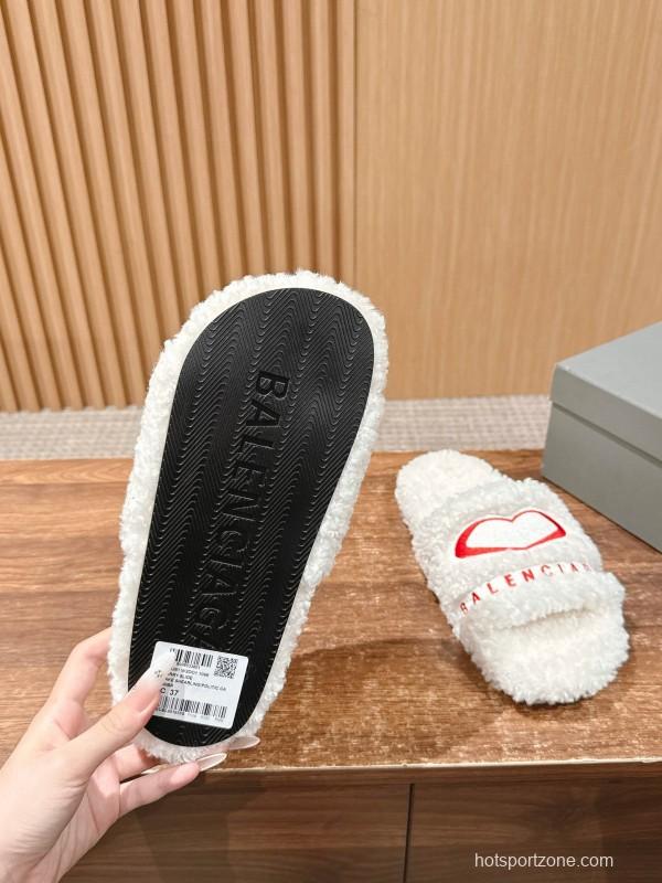 Balenciaga 2025 SS Qixi Limited Series Letter Embroidery Platform Shearling Slippers - AS00200