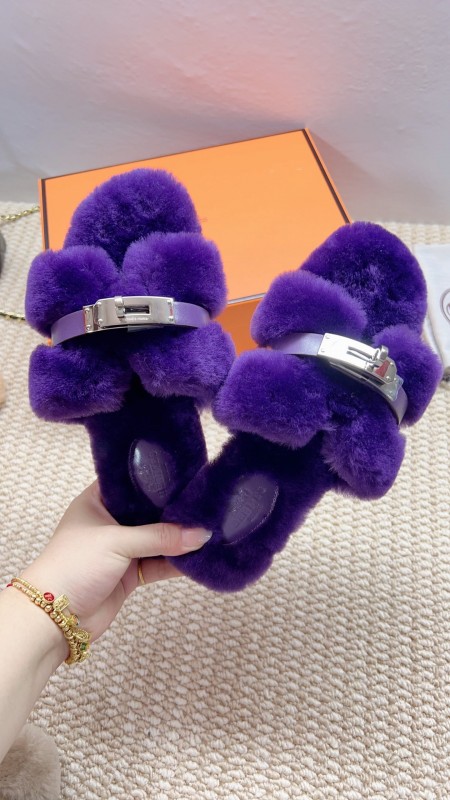 Hermès 2025/SS Teddy Wool H Slippers Flat Fur Slides - LY00260/230