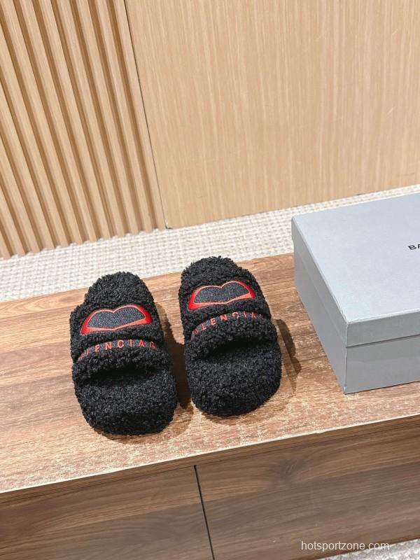 Balenciaga 2025 SS Qixi Limited Series Letter Embroidery Platform Shearling Slippers - AS00200