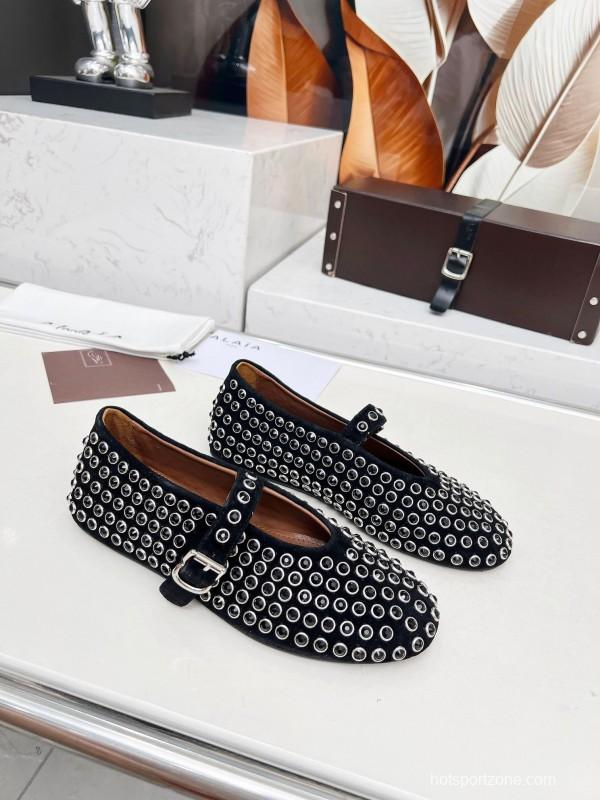 Alaia 2025/SS Crystal-Studded Ballet Dance Shoes with Inner Cushioning and 0.8CM Height Increase - LY00340