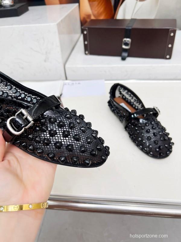 Alaia 2025/SS Beaded Hollow-out Ballet Shoes with Built-in Arch Support - LY00280