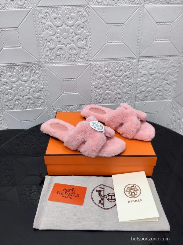 H Eiderdown Teddy Wool H Slippers Flat Sole Winter Home Shoes - LY00240