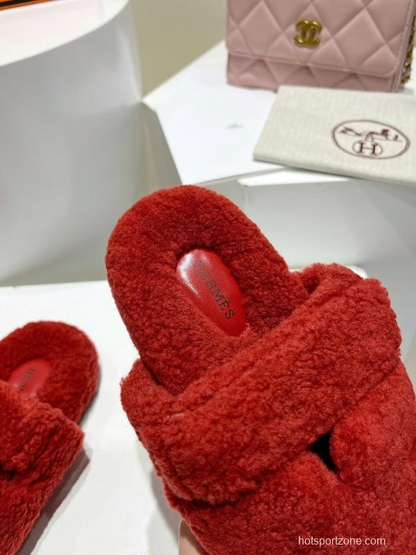 H Love Erjiu Full Wool Slippers with Wavy Fur Design - LY00270