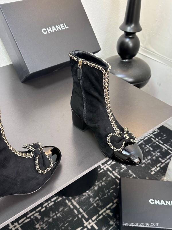 Chanel 2025 SS Chain Bow Chunky Heel Ankle Boots - LY00370