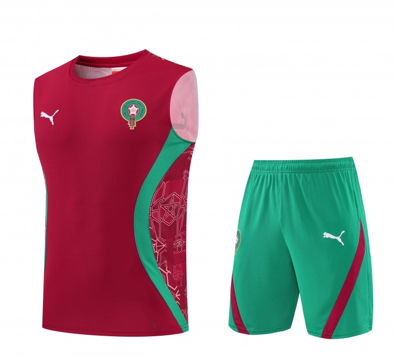 26/27 Morocco Red Sleeveless Training Vest +Green Shorts Set