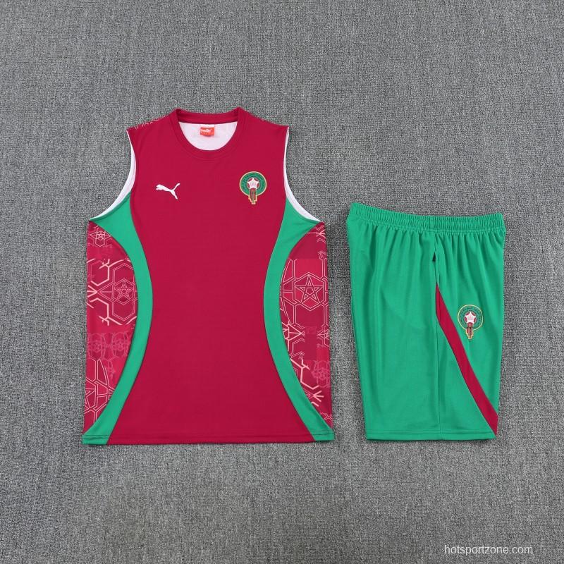 26/27 Morocco Red Sleeveless Training Vest +Green Shorts Set