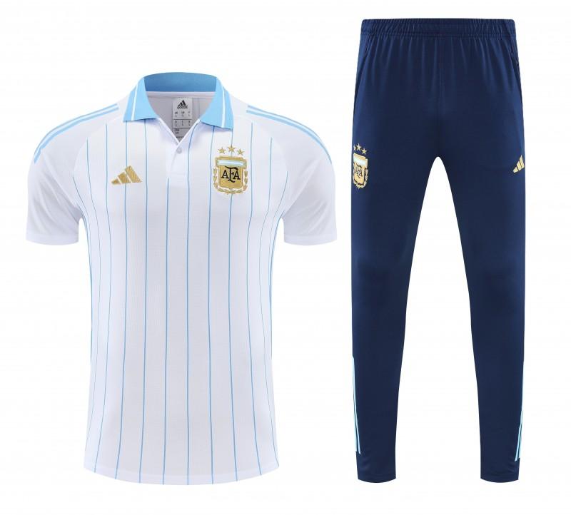 26/27 Argentina White Stripes Polo Training Shirt + Navy Blue Long Pants Tracksuit
