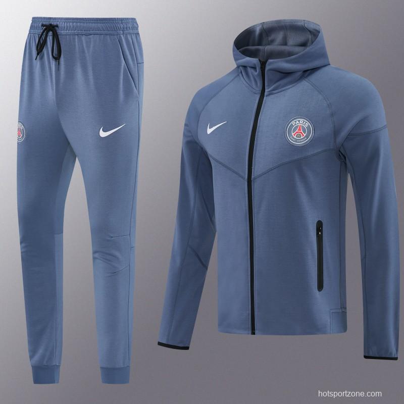 26/27  Paris Saint-Germain Steel Blue Full Zipper Hooded Jacket Tracksuit + Long Pants