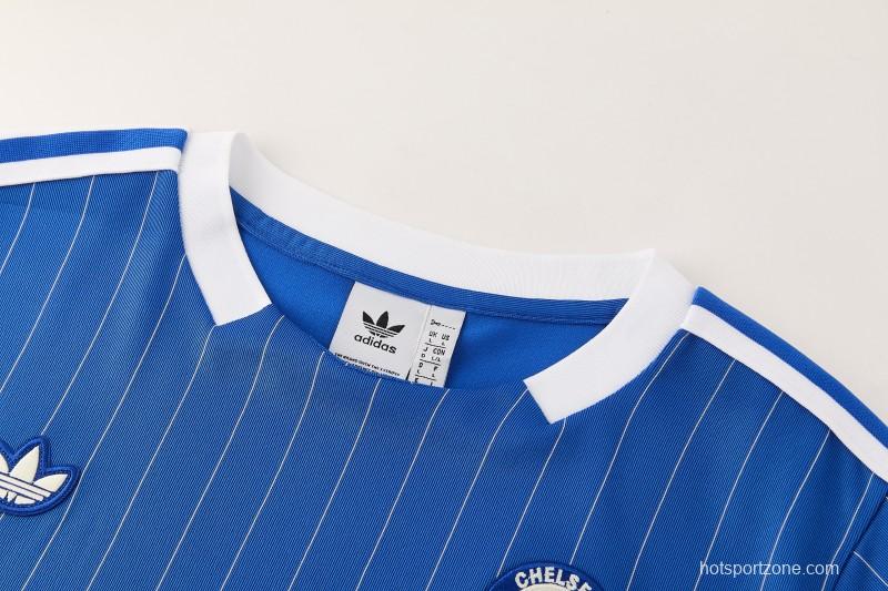 26/27 Chelsea FC  Blue  Stripes Short Sleeve+ White Soccer Shorts