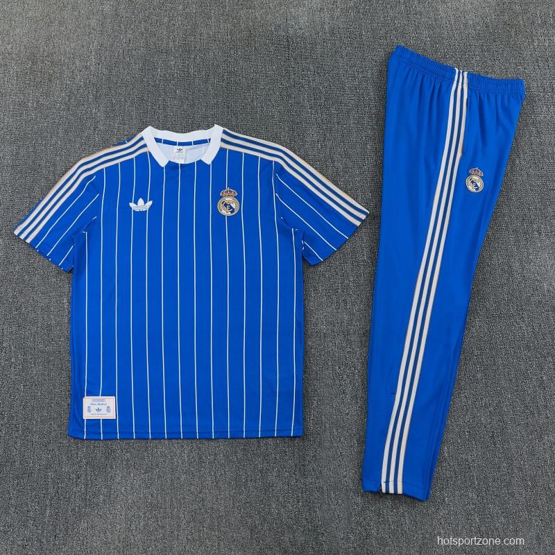 26/27 Real Madrid Blue Short Sleeve Tracksuit + Long Pants
