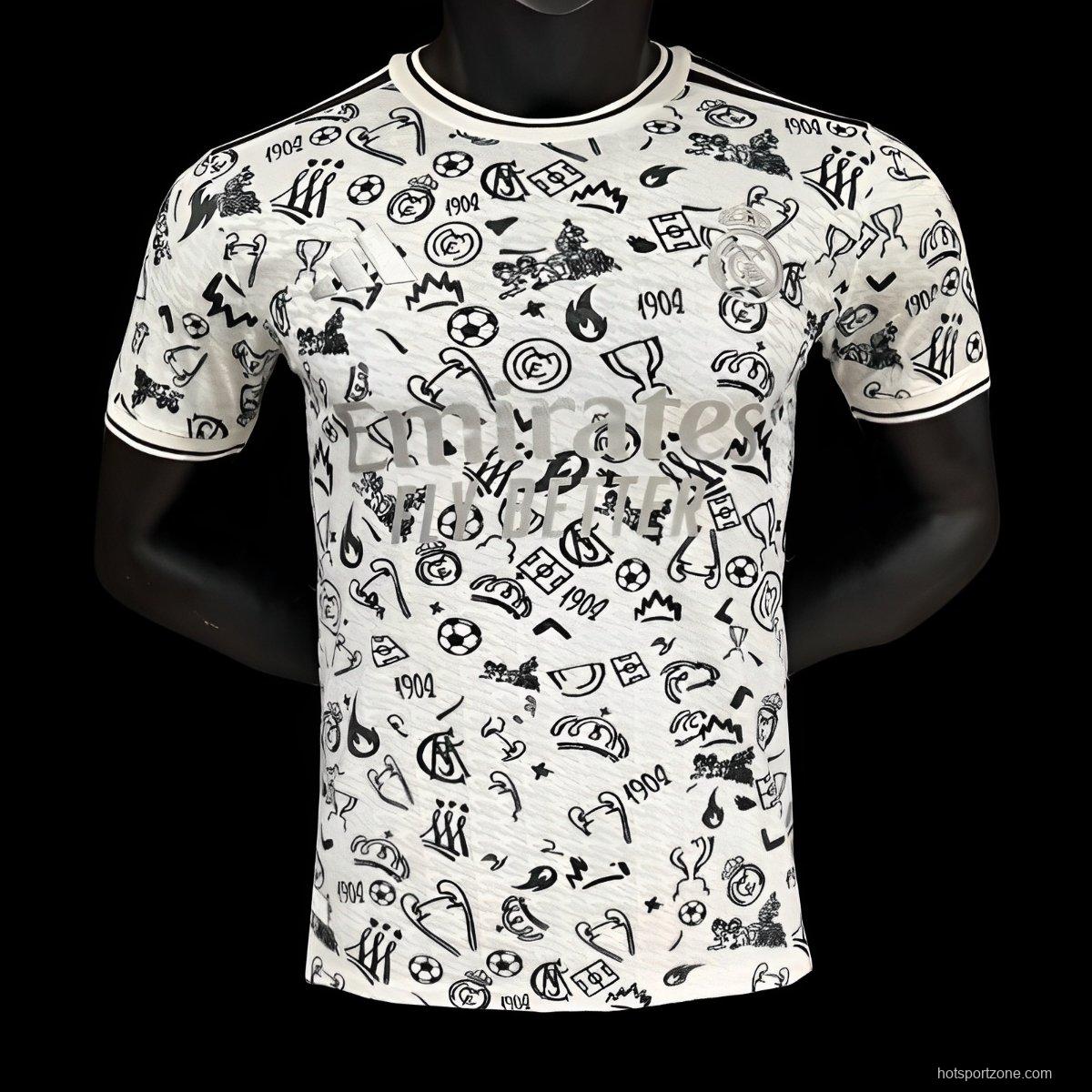 Player Version 25/26 Real Madrid White with Football Icons Pattern Jersey