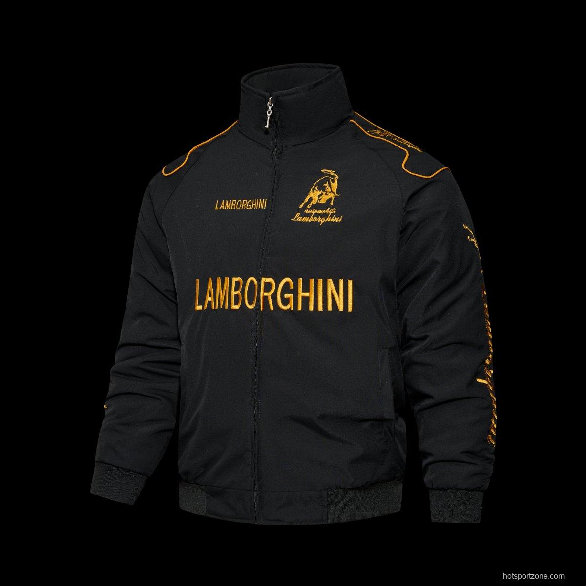 2026 F1 Lamborghini Automobili Black Racing Jacket with Gold Bull Logo Embroidery and Piping Details