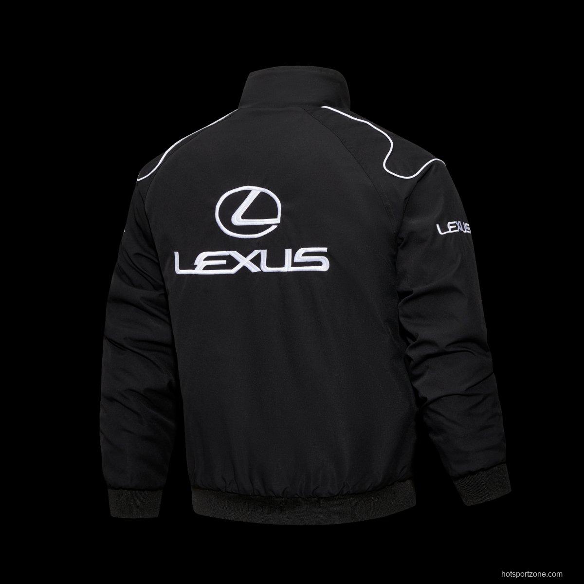 2026 F1 Lexus Black Racing Jacket with White Logo Embroidery and Piping Details