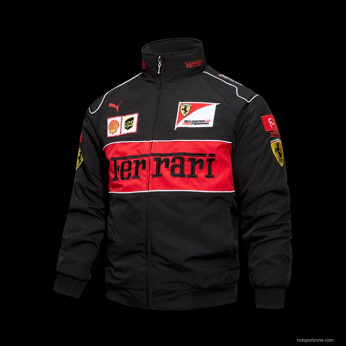 2026 Scuderia Ferrari F1 Team Black Racing Jacket with Red Stripe and Shell UPS Sponsor Logos