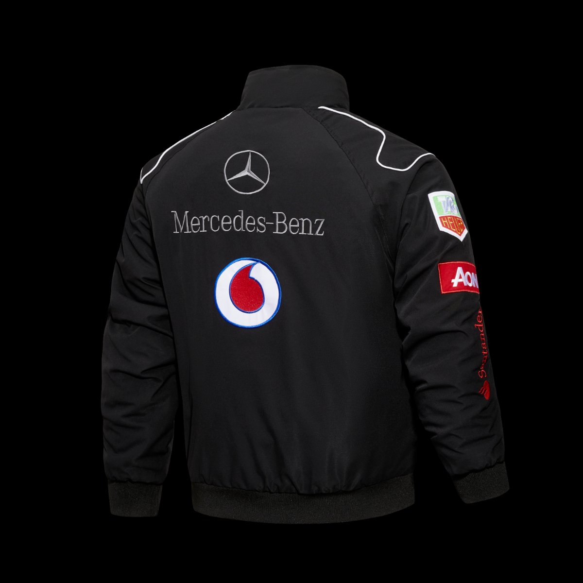 2026 F1 McLaren Mercedes-Benz Vodafone F1 Team Black Racing Jacket with Santander Mobil 1 Johnnie Walker Sponsor Patches