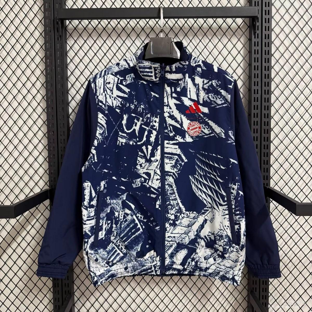 25/26 Bayern Munich Navy Blue with White Abstract Graffiti Pattern Full Zipper Windbreaker