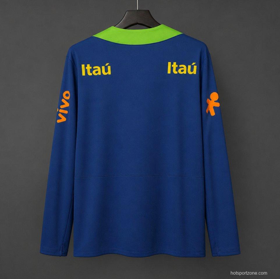 2024 Brazil Navy Blue with Lime Green Long Sleeve Half-Zip Training Top