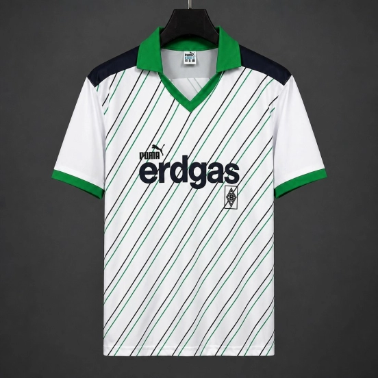 Retro 85/86/87 Borussia Monchengladbach Home White/Green Diagonal Stripes Jersey